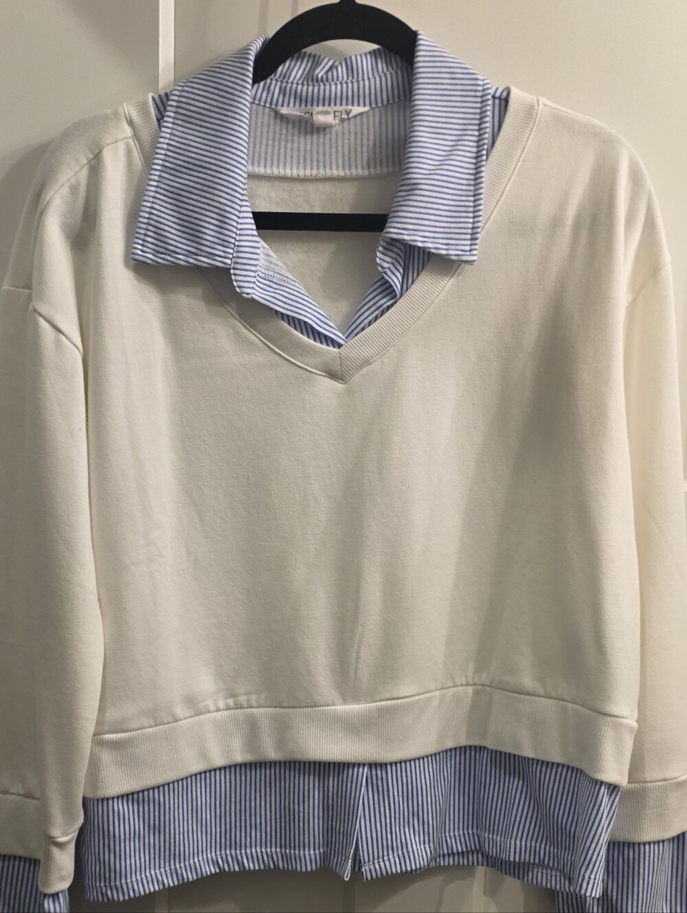 Layered V‑Neck Sweater with Blue Stripe Shirt Detail - Women Size Medium